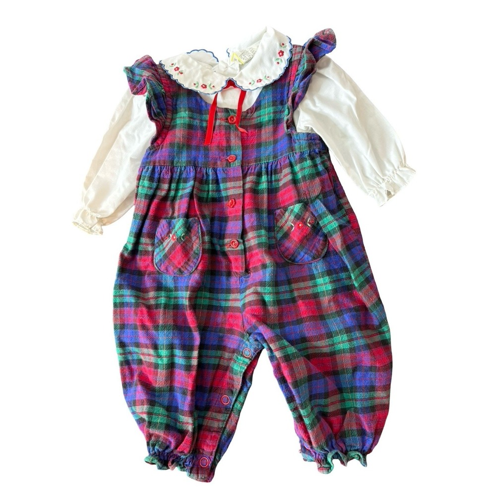 Vintage Baby Togs baby girl plaid one piece romper shirt set size 3-6 months‎